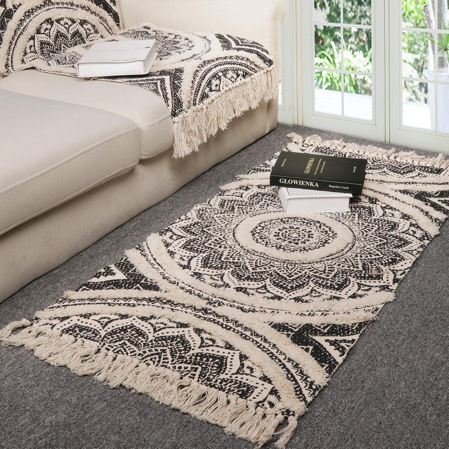 Boho Bedroom Rug Runner 2' X 4.4',Black Print Mandala Shaggy Tufted Indoor Floor Mat Cotton Hand Woven Soft Tassel Carpet for Kitchen Sink/Bathroom/Laundry Room