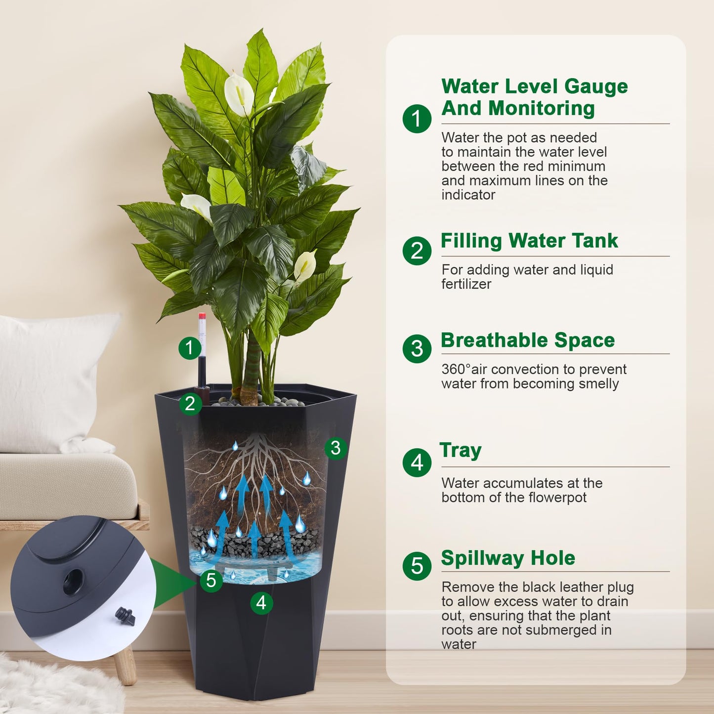 23" Tall Planters Set of 2, Outdoor&Indoor Planter Pots, High Front Porch Planter Pots with Drainage Holes&Water Level Monitor&Inner Bucket, Automatic Watering, Convenience Instill, Black