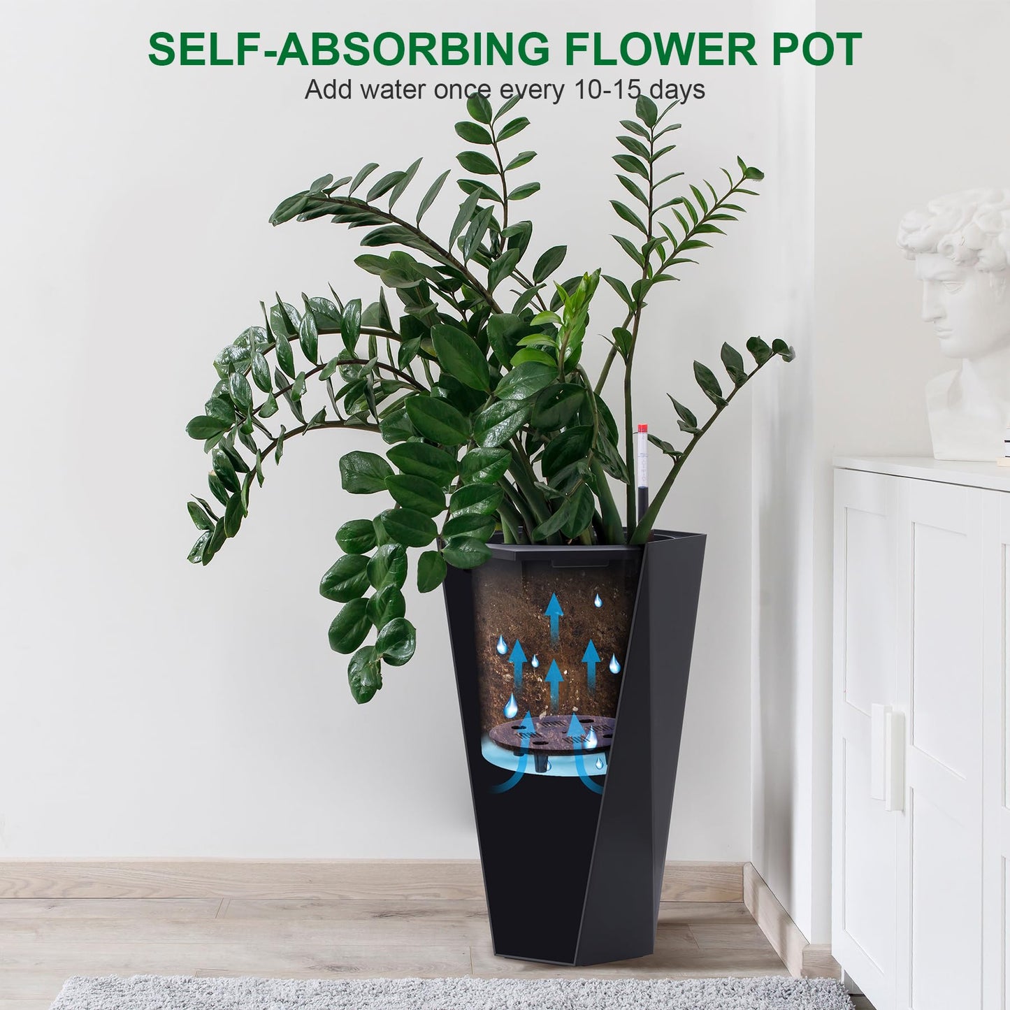 23" Tall Planters Set of 2, Outdoor&Indoor Planter Pots, High Front Porch Planter Pots with Drainage Holes&Water Level Monitor&Inner Bucket, Automatic Watering, Convenience Instill, Black
