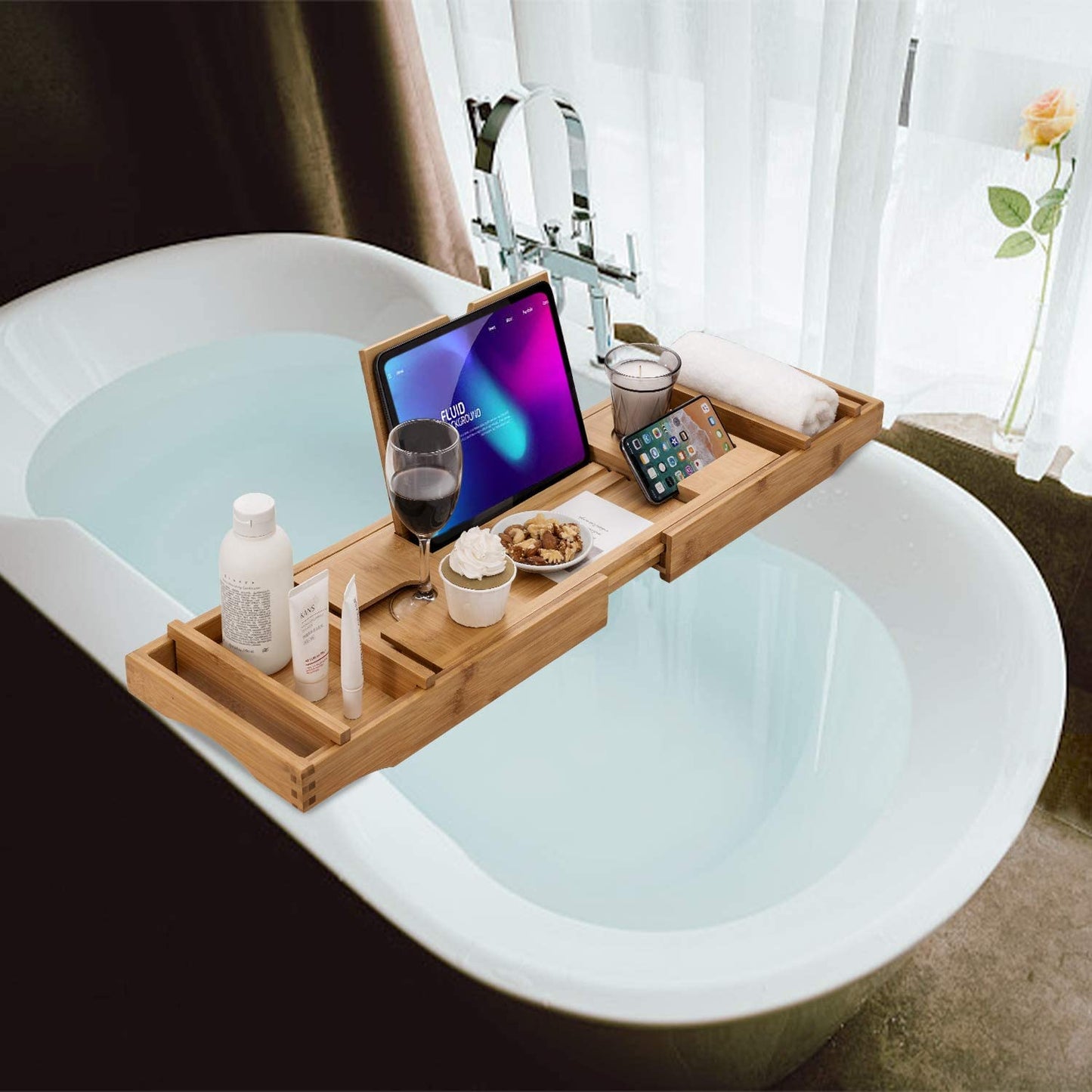 Bamboo Bathtub Caddy Tray with Extending Sides, Cellphone Tray and Wineglass Holder,Free Soap Holder