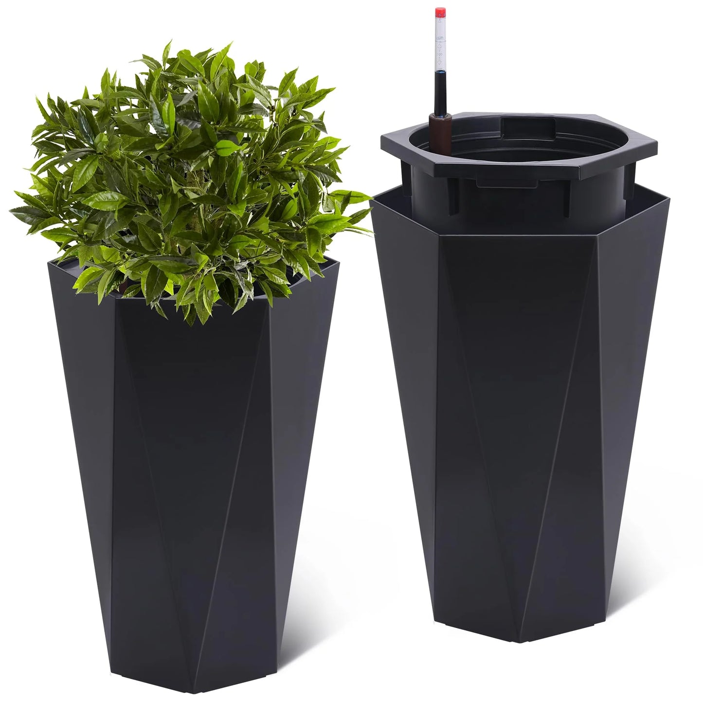 23" Tall Planters Set of 2, Outdoor&Indoor Planter Pots, High Front Porch Planter Pots with Drainage Holes&Water Level Monitor&Inner Bucket, Automatic Watering, Convenience Instill, Black