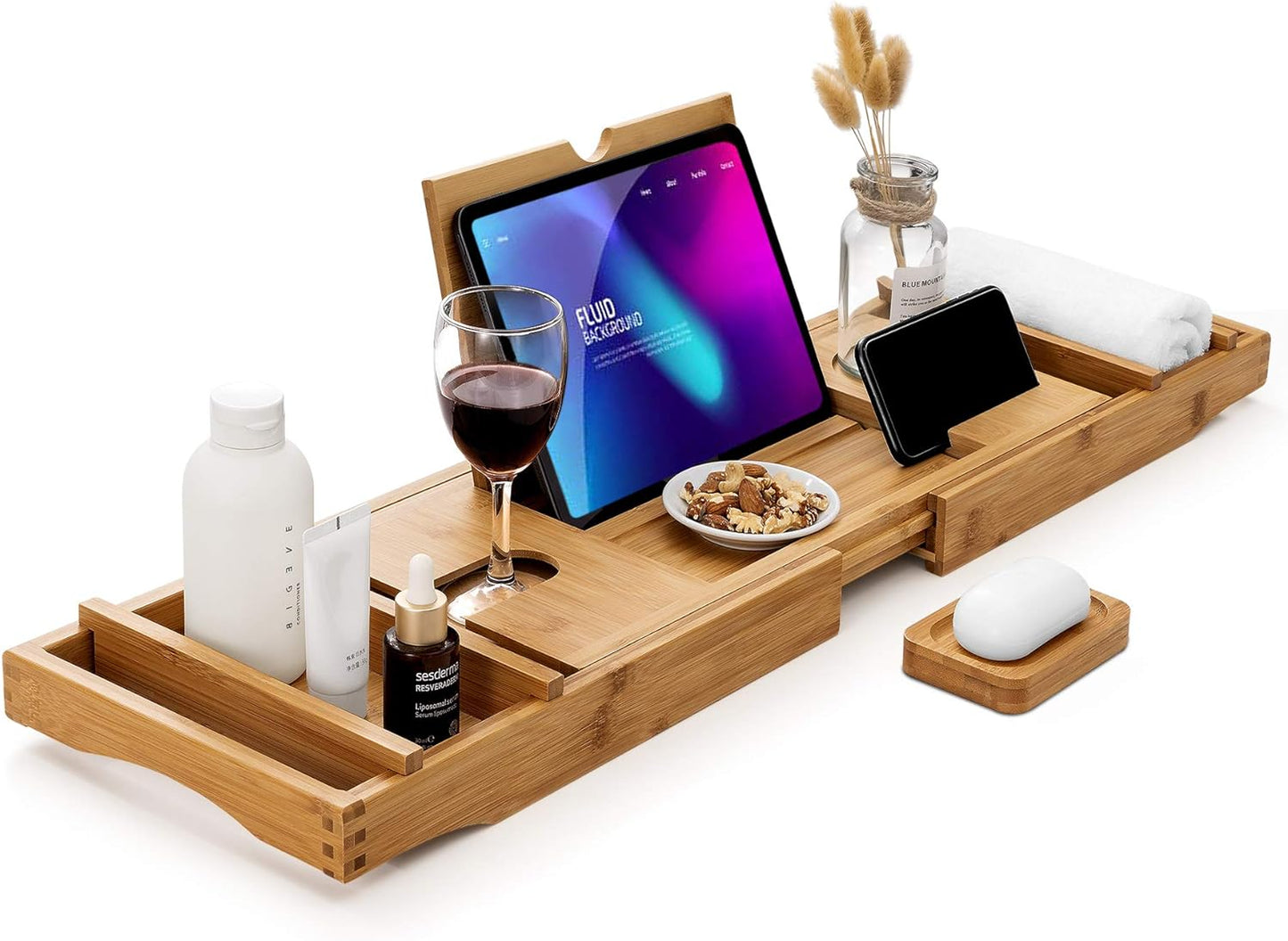 Bamboo Bathtub Caddy Tray with Extending Sides, Cellphone Tray and Wineglass Holder,Free Soap Holder