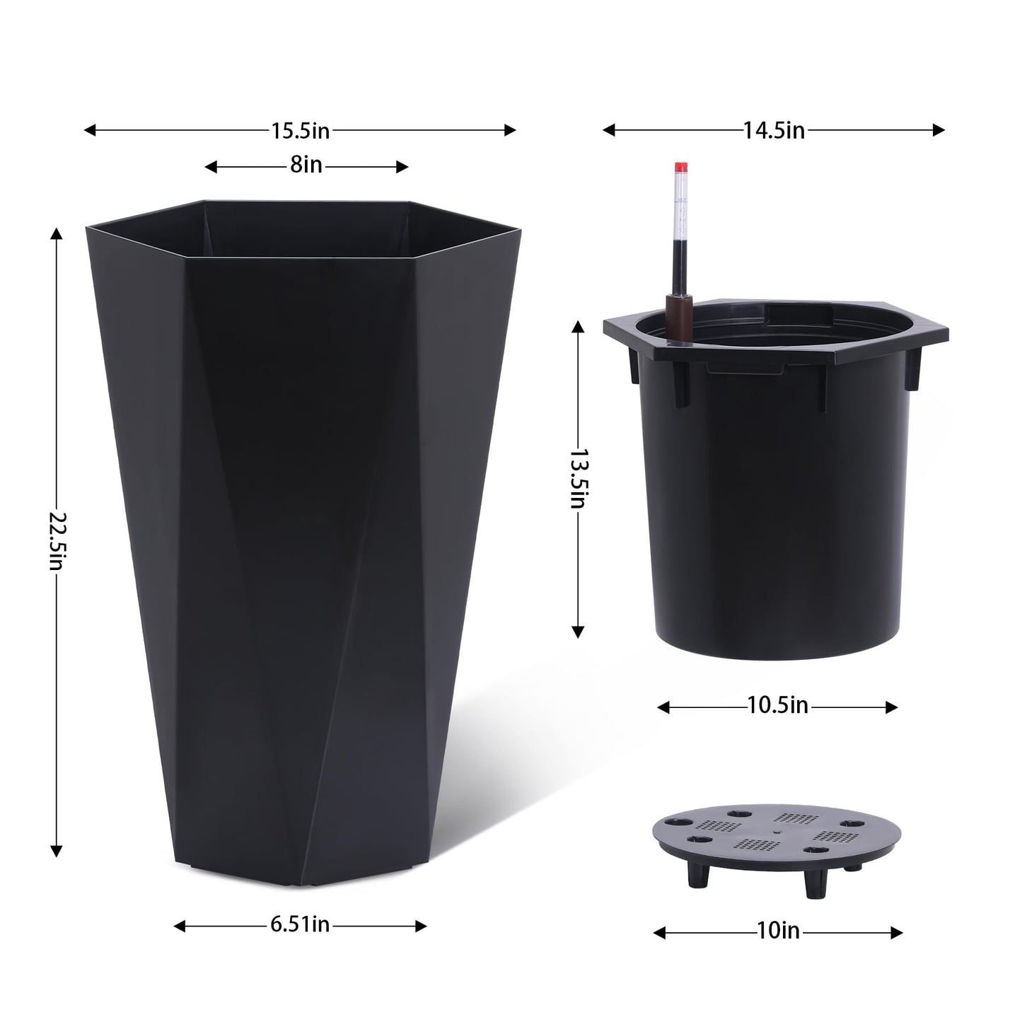 23" Tall Planters Set of 2, Outdoor&Indoor Planter Pots, High Front Porch Planter Pots with Drainage Holes&Water Level Monitor&Inner Bucket, Automatic Watering, Convenience Instill, Black