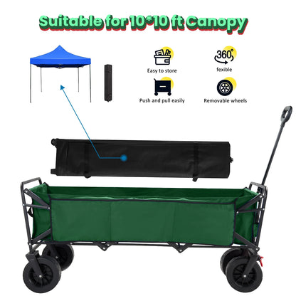 Super Large Collapsible Garden Cart,  Folding Wagon Utility Carts with Wheels and Rear Storage, Wagon Cart for Garden, Camping, Grocery Cart, Shopping Cart, Green