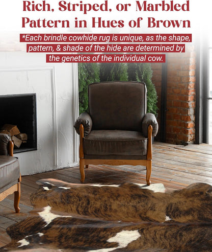 Brown Brindle Cowhide Rug Premium Cow Skin Rug with Unique Brown, Black & White Pattern - Natural Cowhide Rug Made Tanned Leather Cow Hides - Cow Hide Rugs 6X8 Ft