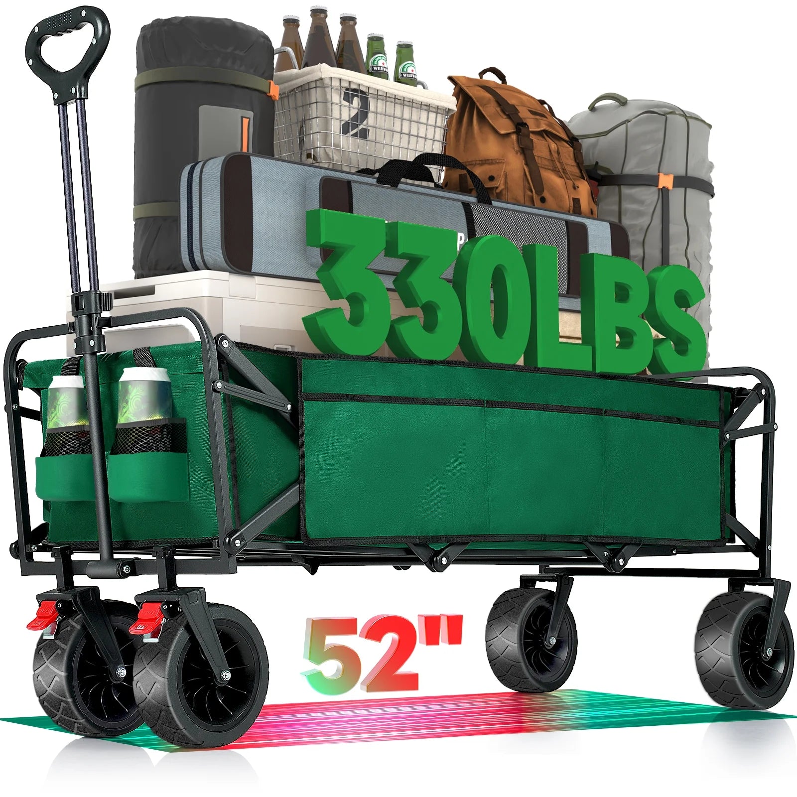 Super Large Collapsible Garden Cart,  Folding Wagon Utility Carts with Wheels and Rear Storage, Wagon Cart for Garden, Camping, Grocery Cart, Shopping Cart, Green