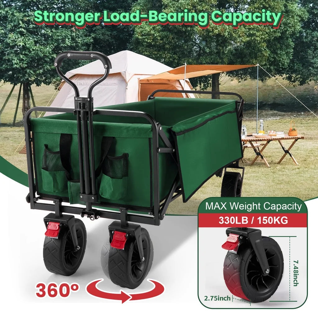 Super Large Collapsible Garden Cart,  Folding Wagon Utility Carts with Wheels and Rear Storage, Wagon Cart for Garden, Camping, Grocery Cart, Shopping Cart, Green