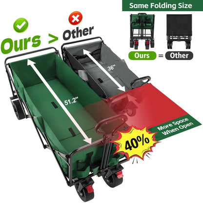 Super Large Collapsible Garden Cart,  Folding Wagon Utility Carts with Wheels and Rear Storage, Wagon Cart for Garden, Camping, Grocery Cart, Shopping Cart, Green