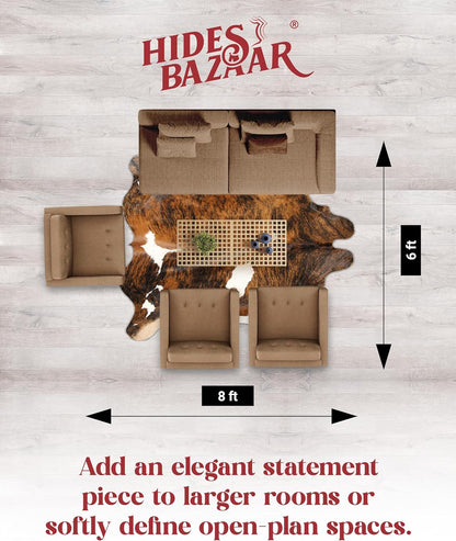 Brown Brindle Cowhide Rug Premium Cow Skin Rug with Unique Brown, Black & White Pattern - Natural Cowhide Rug Made Tanned Leather Cow Hides - Cow Hide Rugs 6X8 Ft