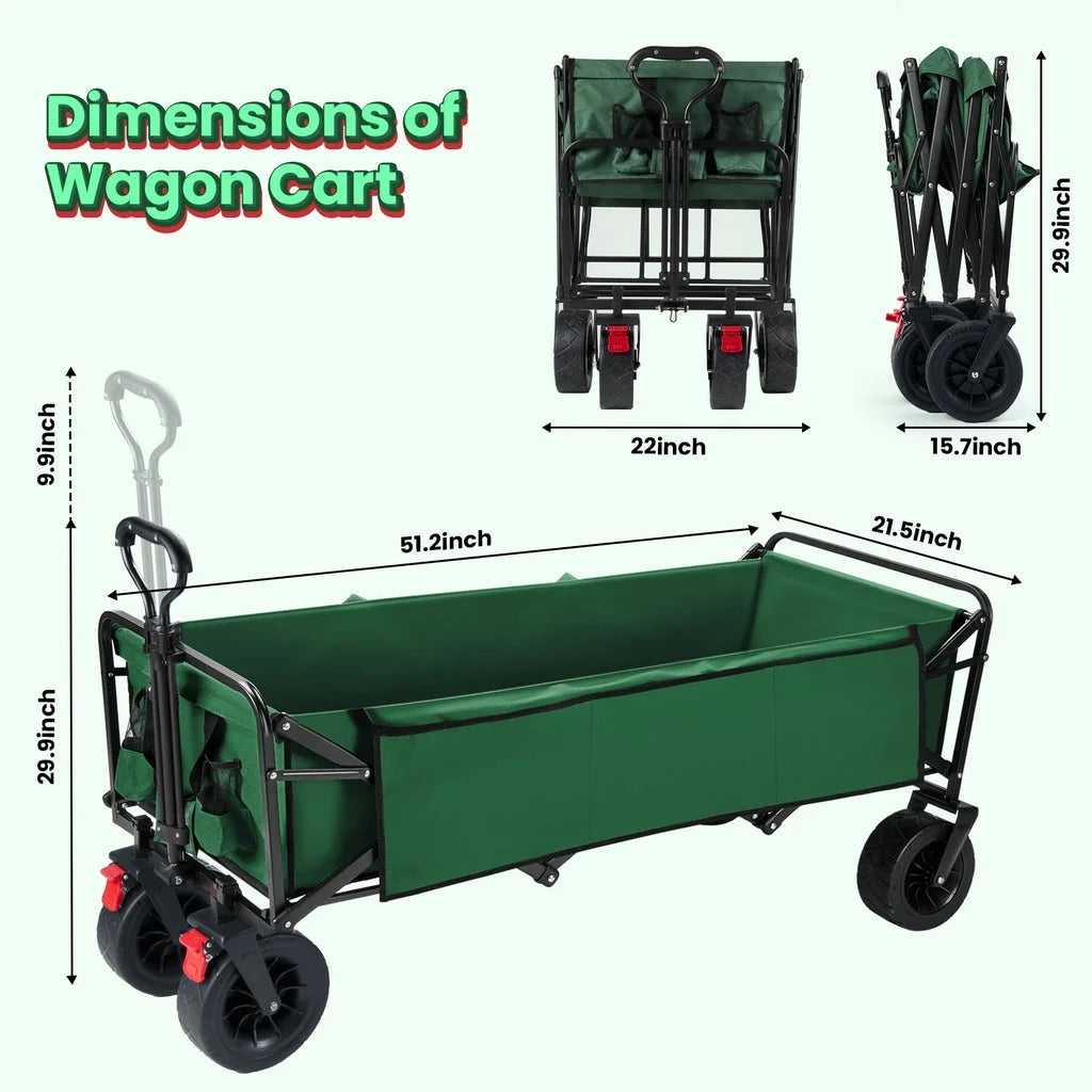 Super Large Collapsible Garden Cart,  Folding Wagon Utility Carts with Wheels and Rear Storage, Wagon Cart for Garden, Camping, Grocery Cart, Shopping Cart, Green