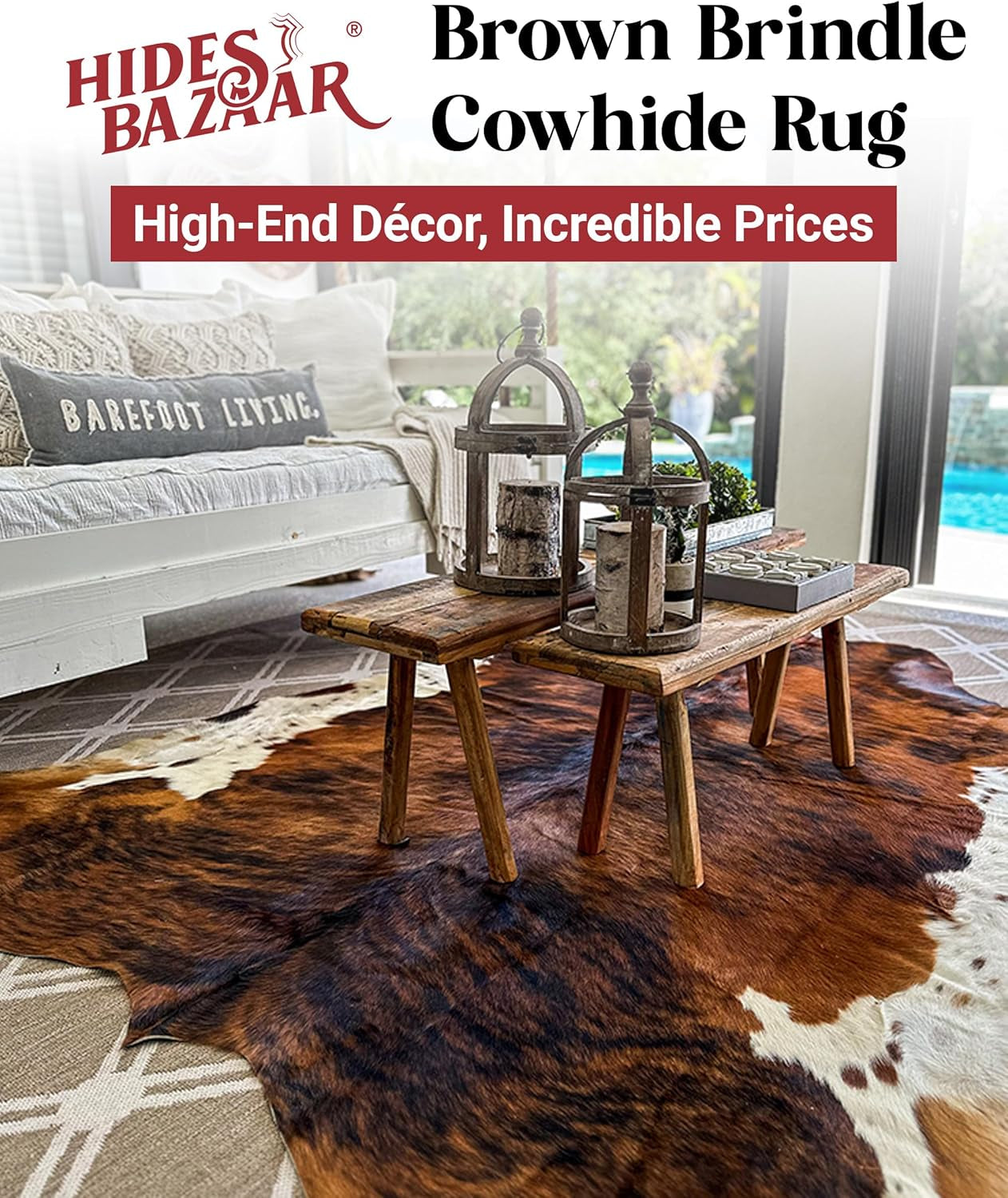 Brown Brindle Cowhide Rug Premium Cow Skin Rug with Unique Brown, Black & White Pattern - Natural Cowhide Rug Made Tanned Leather Cow Hides - Cow Hide Rugs 6X8 Ft