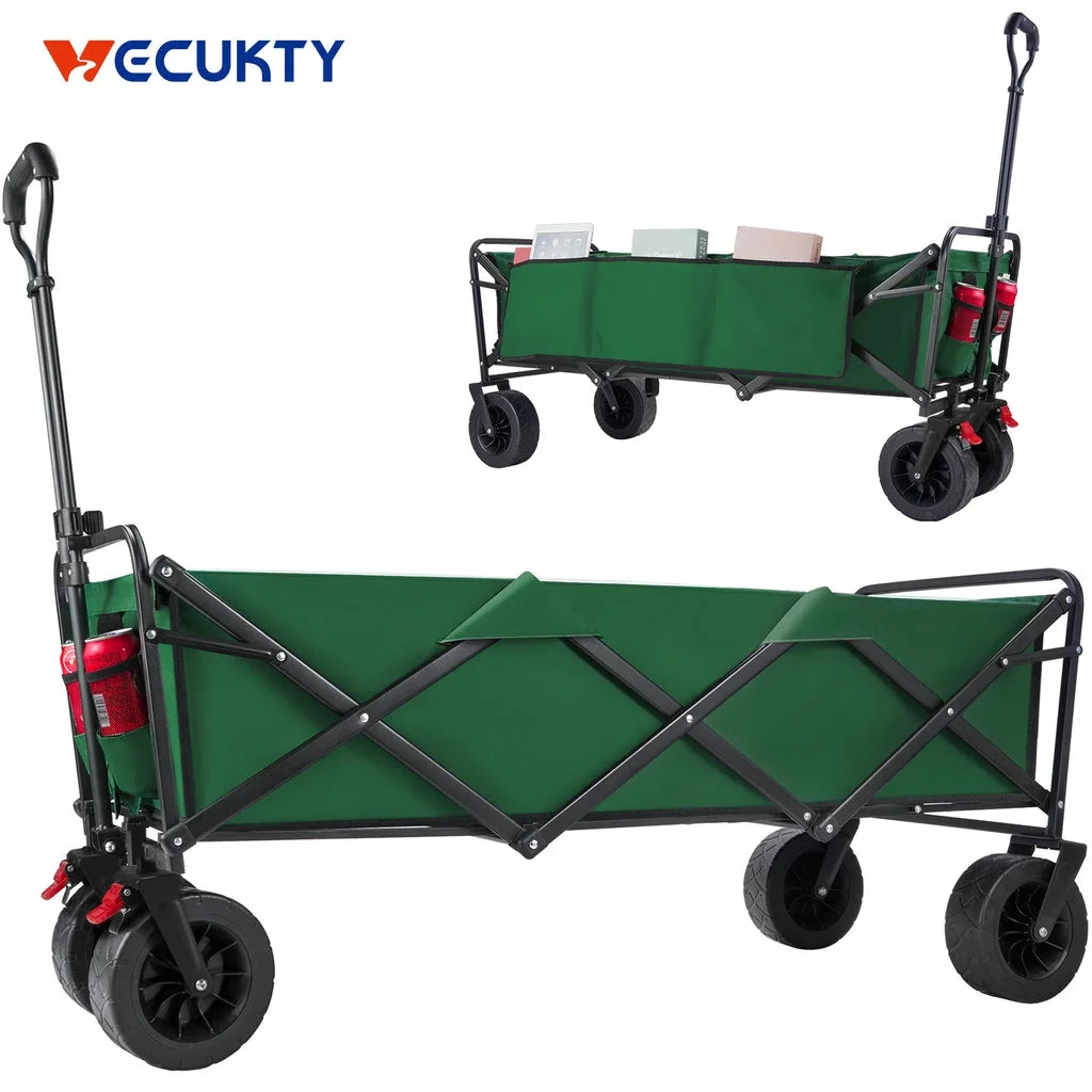 Super Large Collapsible Garden Cart,  Folding Wagon Utility Carts with Wheels and Rear Storage, Wagon Cart for Garden, Camping, Grocery Cart, Shopping Cart, Green