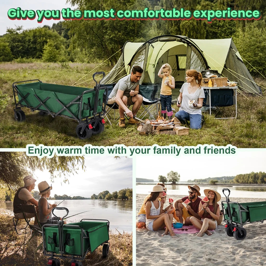 Super Large Collapsible Garden Cart,  Folding Wagon Utility Carts with Wheels and Rear Storage, Wagon Cart for Garden, Camping, Grocery Cart, Shopping Cart, Green