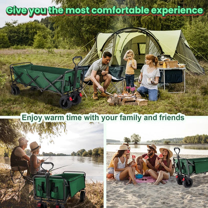 Super Large Collapsible Garden Cart,  Folding Wagon Utility Carts with Wheels and Rear Storage, Wagon Cart for Garden, Camping, Grocery Cart, Shopping Cart, Green