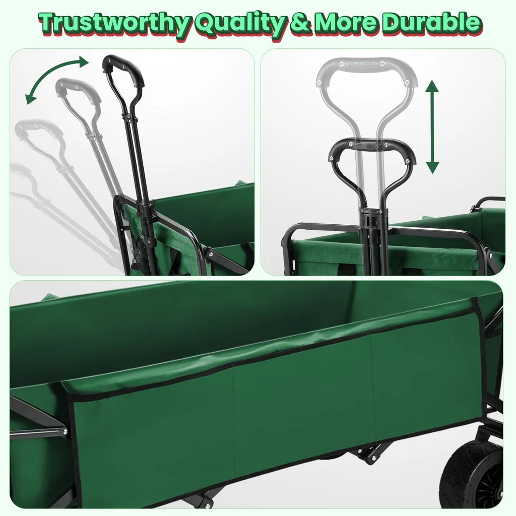 Super Large Collapsible Garden Cart,  Folding Wagon Utility Carts with Wheels and Rear Storage, Wagon Cart for Garden, Camping, Grocery Cart, Shopping Cart, Green