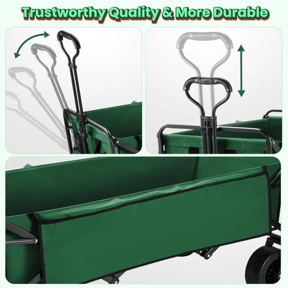 Super Large Collapsible Garden Cart,  Folding Wagon Utility Carts with Wheels and Rear Storage, Wagon Cart for Garden, Camping, Grocery Cart, Shopping Cart, Green